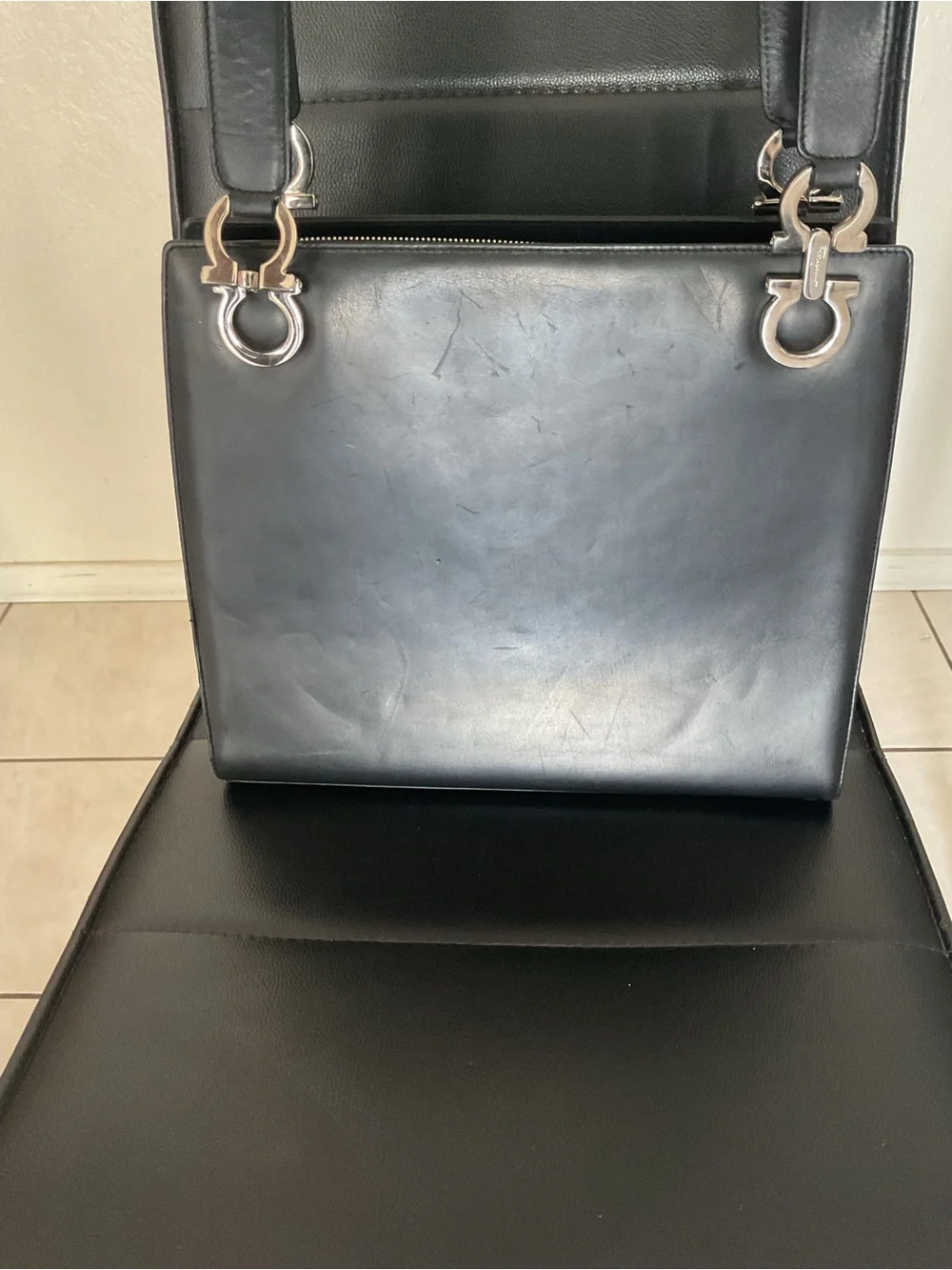 Salvatore Ferragamo Black Leather Messenger with Signature Gancini Hardware
